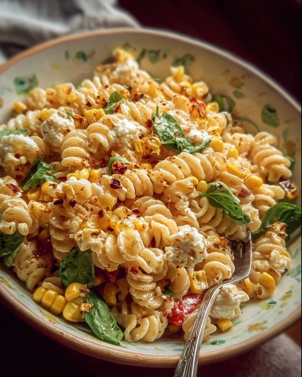 Creamy street corn pasta salad served in a colorful bowl with fresh ingredients