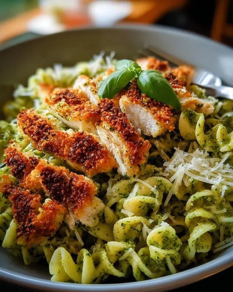 Crispy Parmesan Chicken with Pesto Pasta