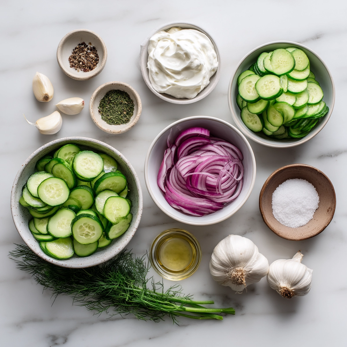 Cucumber salad recipe ingredients arranged on a marble counter including English cucumbers, sour cream, red onion, fresh dill, vinegar, garlic, and spices