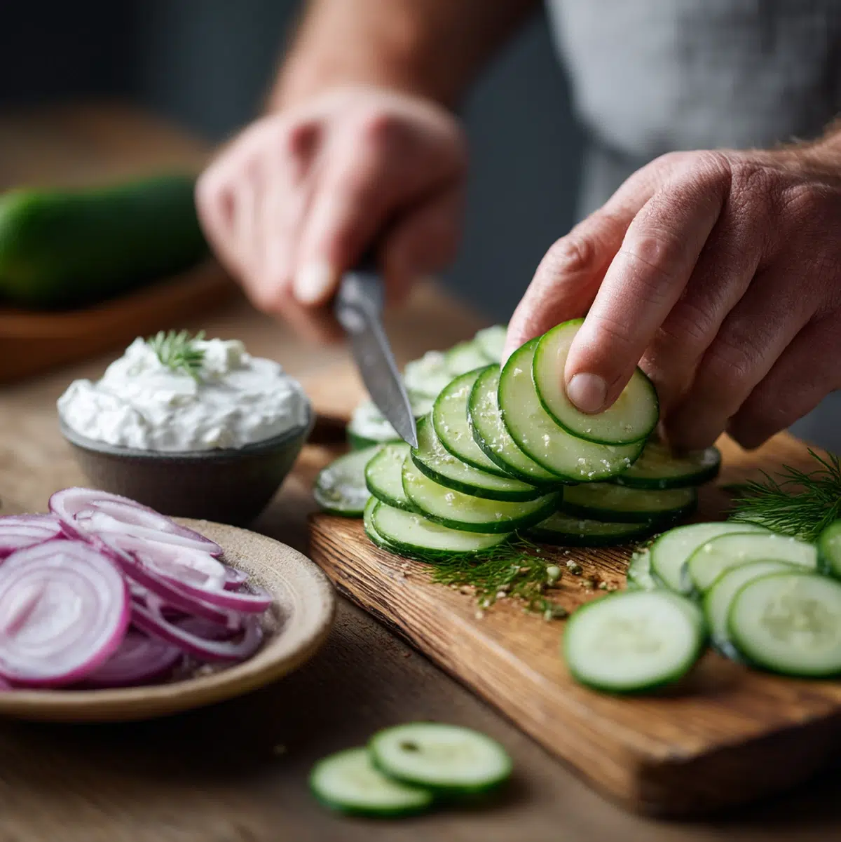 Hands thinly slicing English cucumbers on a wooden cutting board with a mandoline slicer