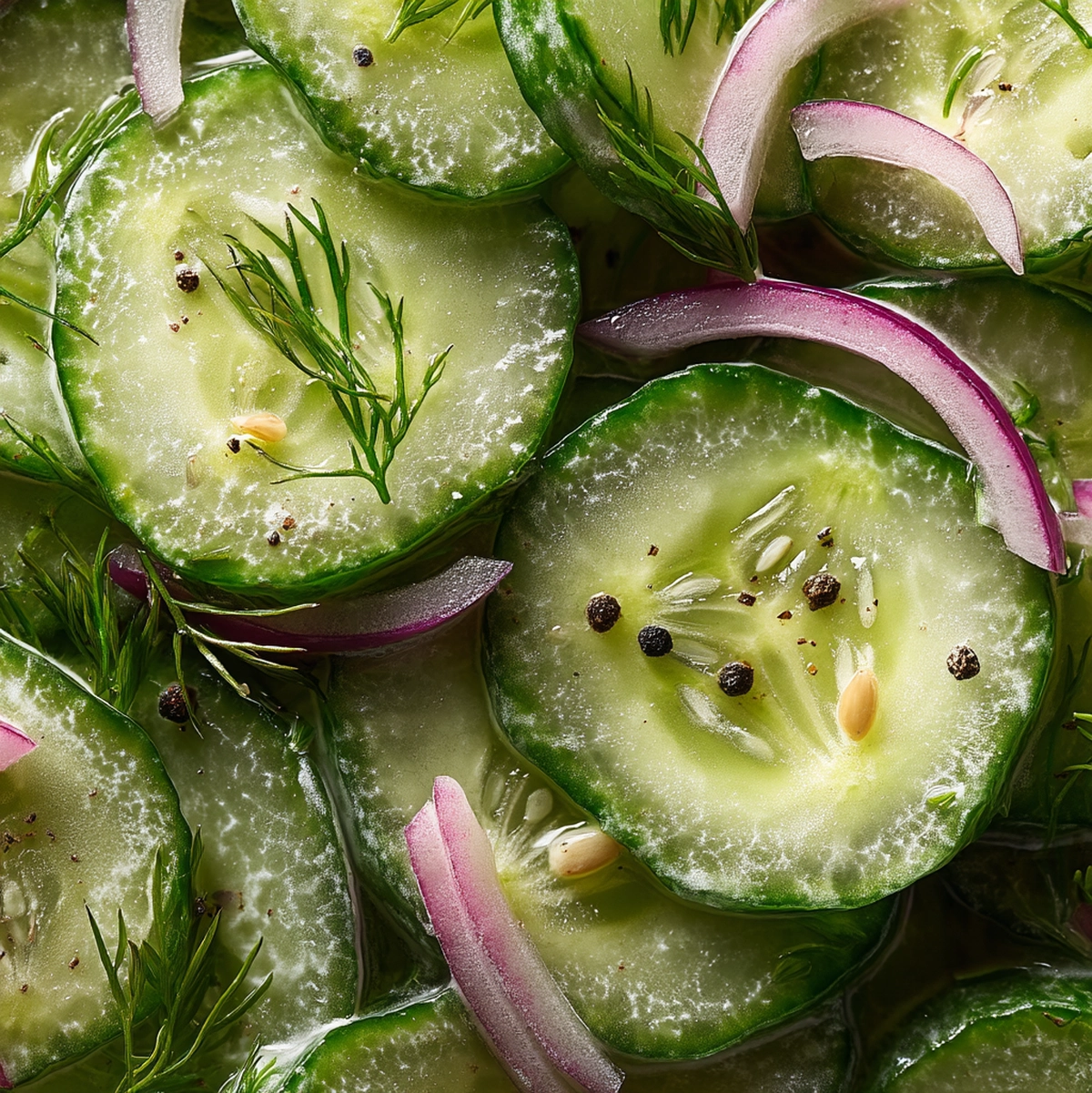 Close-up of creamy cucumber salad slices coated in sour cream dill dressing showing crisp texture and herbs