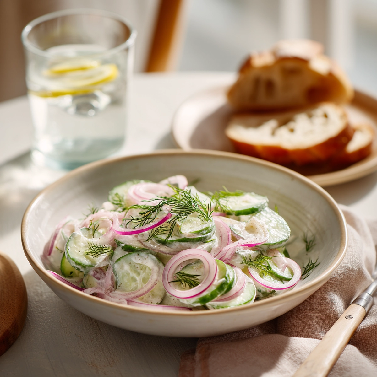 Creamy cucumber salad served in a ceramic bowl on a wooden table alongside grilled lamb chops and fresh herbs