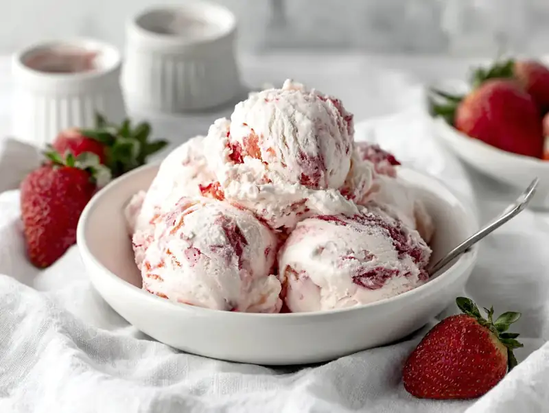 Strawberries and Cream Ice Cream — Alternative angle showing plating and presentation