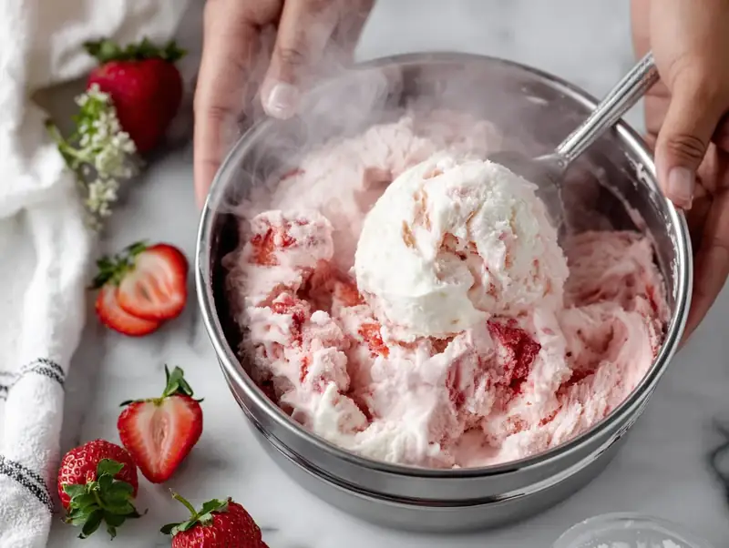 Strawberries and Cream Ice Cream — Mid-preparation process shot