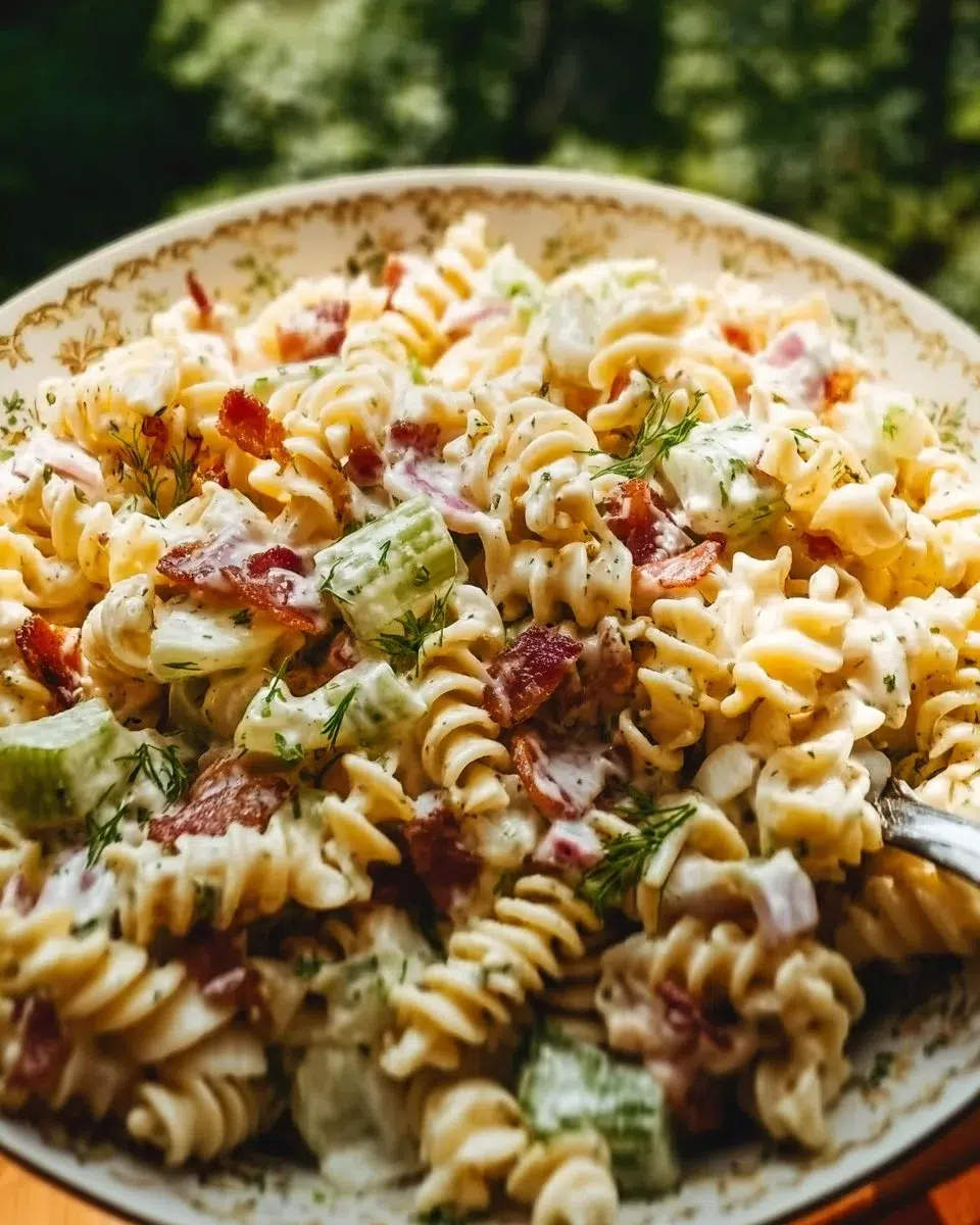 Dill Pickle Bacon Pasta Salad served in a bowl with fresh ingredients