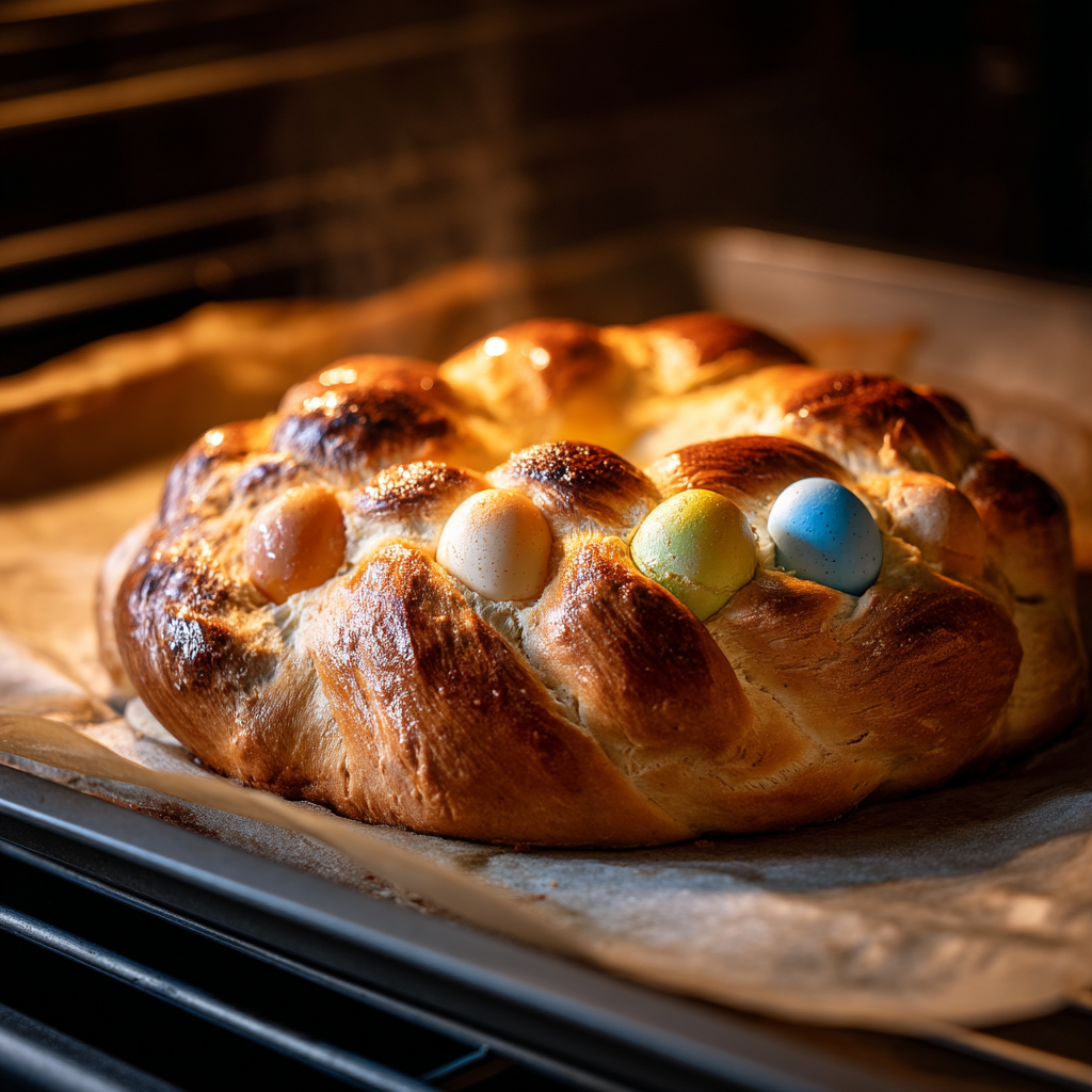 Golden braided easter bread emerging from the oven with colored eggs nestled in the braid - easter bread recipe