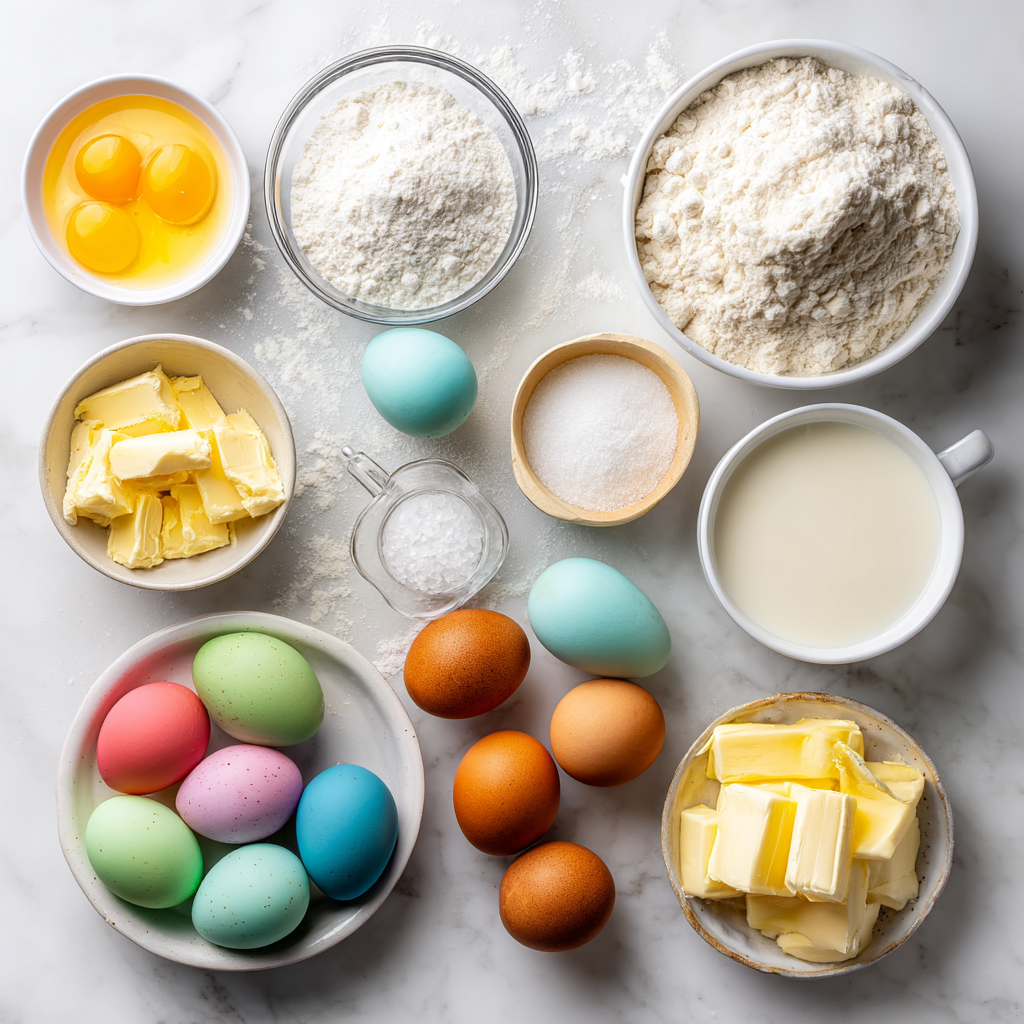 Easter bread recipe ingredients arranged on a marble surface including flour, eggs, butter, and colored eggs