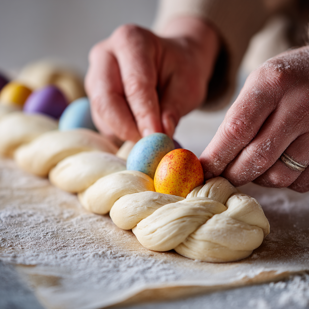 Hands kneading easter bread dough on a floured wooden surface - easter bread recipe