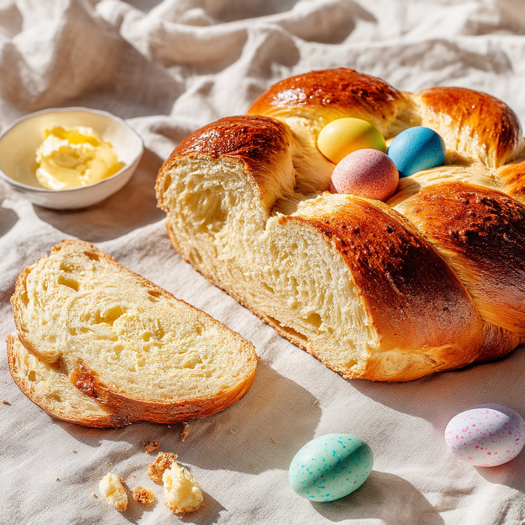 Braided easter bread on a holiday table surrounded by spring flowers and colored eggs - easter bread recipe