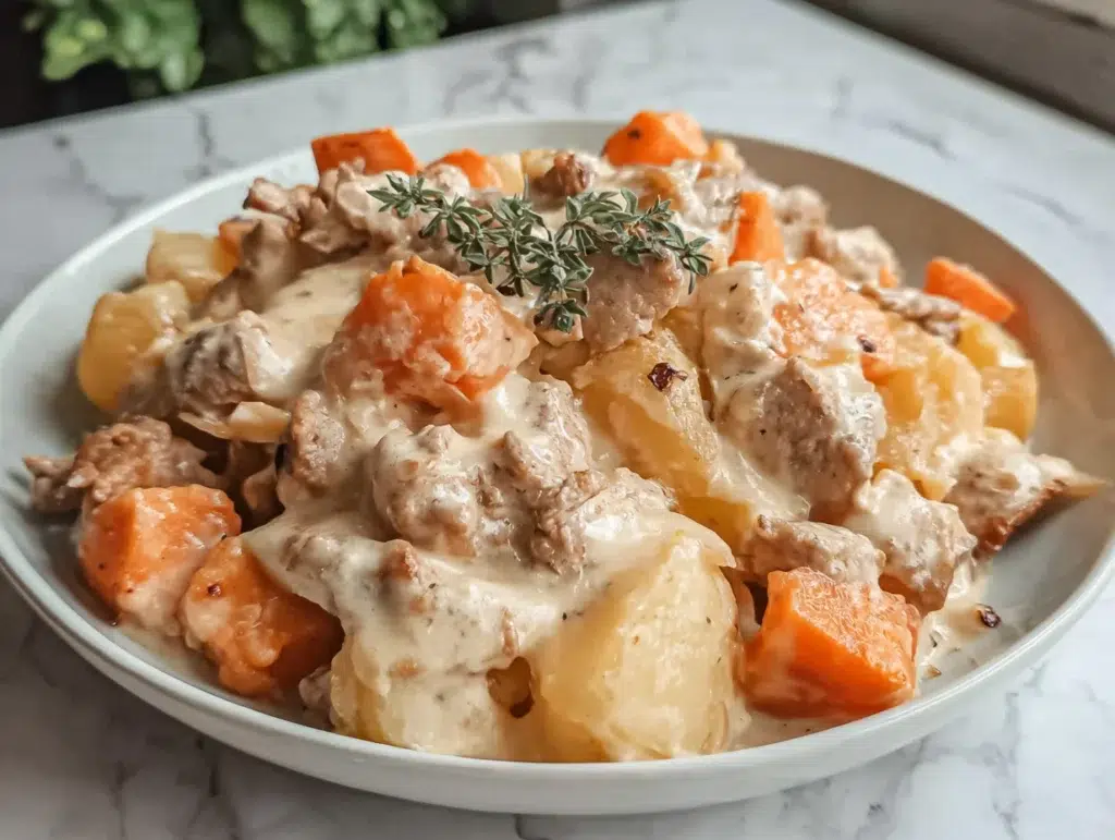 easy-one-pan-creamy-meat-potat-serving-plate