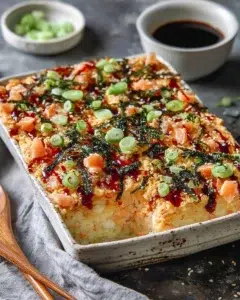 Delicious easy sushi bake ready to serve with fresh ingredients