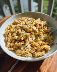 Elote-style pasta salad with corn, cilantro, and cheese in a bowl