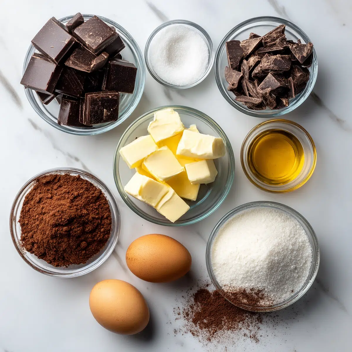 Flourless chocolate cake recipe ingredients arranged on a marble counter