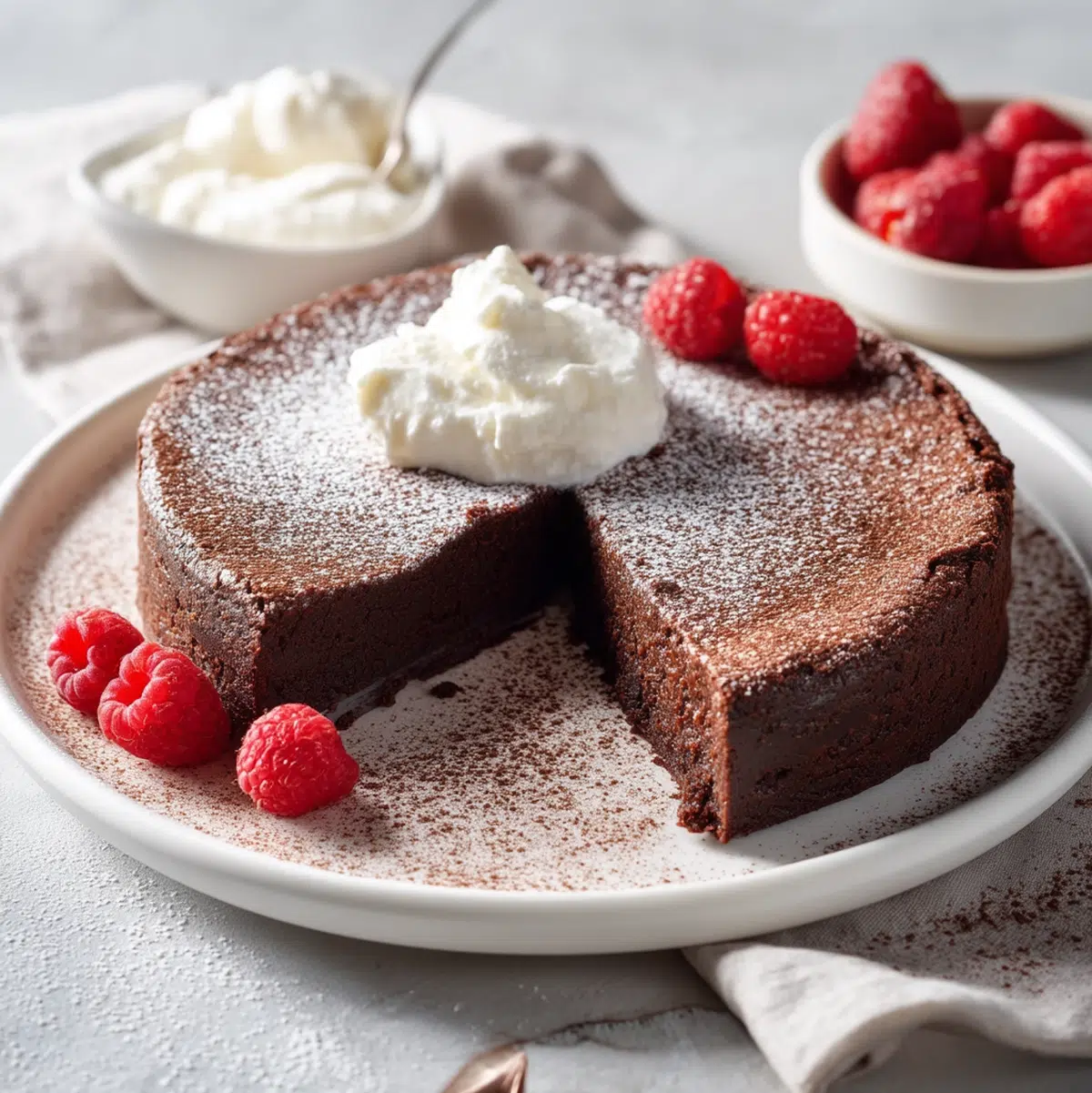 Flourless chocolate cake served on a plate with powdered sugar and fresh berries - flourless chocolate cake recipe