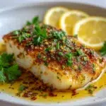 garlic butter cod recipe hero shot 45 degree angle on bright table