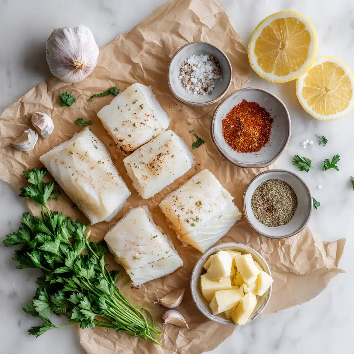 Garlic butter cod recipe ingredients flat lay including cod fillets, butter, garlic, lemon, and fresh parsley