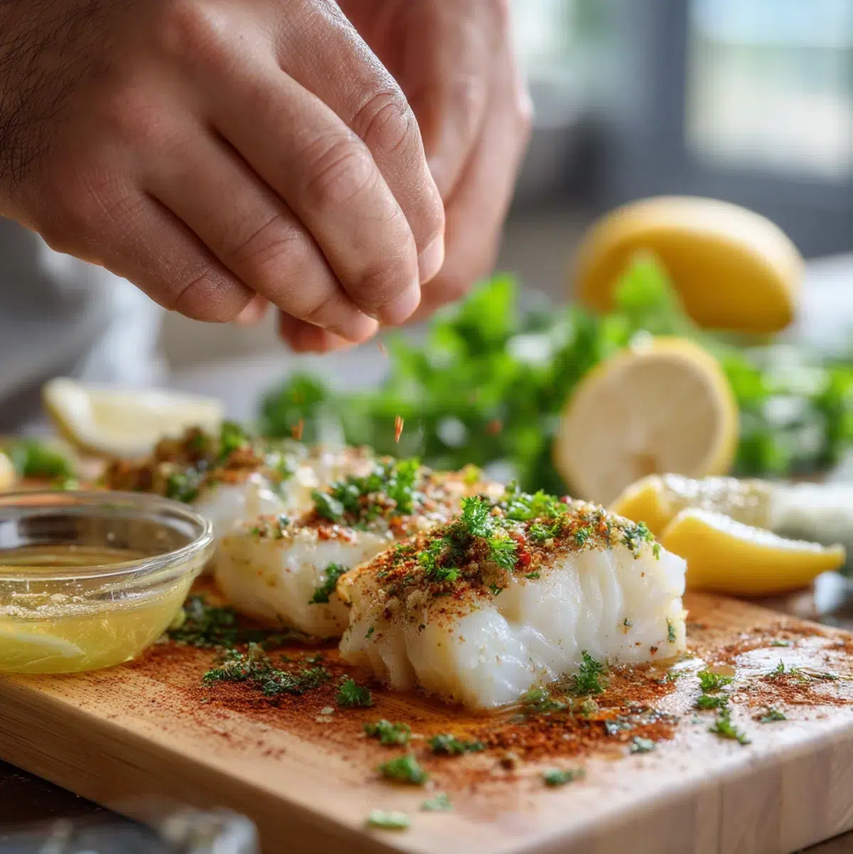 Hands patting cod fillets dry with paper towels and seasoning with paprika before cooking garlic butter cod