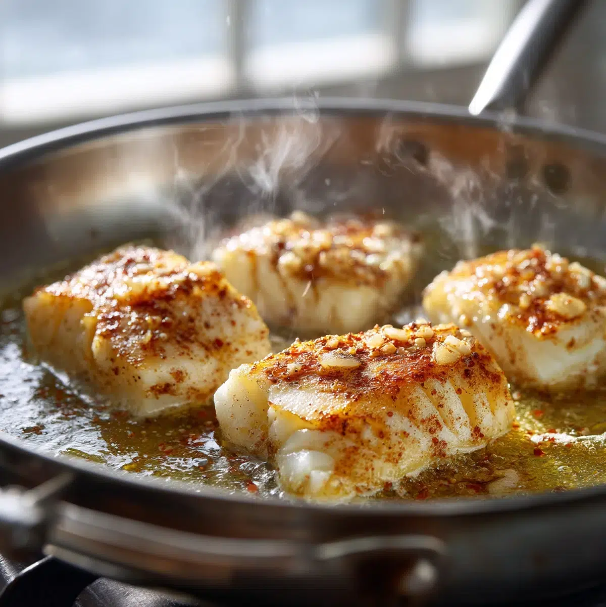 Cod fillets searing in garlic butter in a cast iron skillet with visible browning and bubbling butter sauce