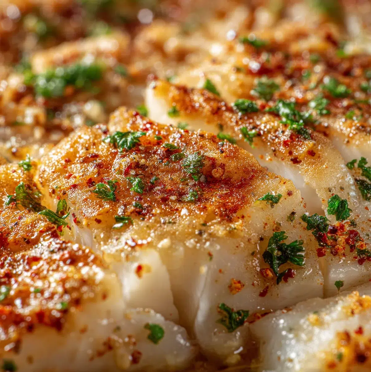 Close-up of cooked garlic butter cod showing flaky white texture with glossy garlic butter sauce and fresh parsley