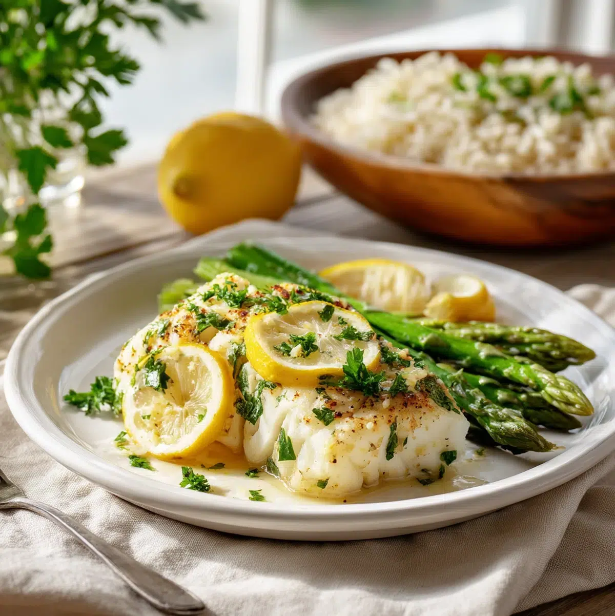 Garlic butter cod recipe served at table with roasted vegetables, lemon slices, and fresh parsley garnish