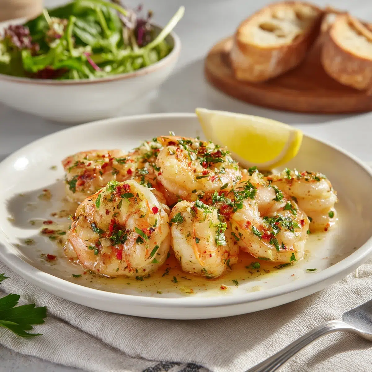 Garlic Butter Shrimp Recipe (Chef-Tested, 7 Ingredients) 3 hands patting raw shrimp dry with paper towels on a cutting board before searing