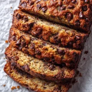 gluten free banana chocolate chip bread hero shot 45 degree angle on bright table