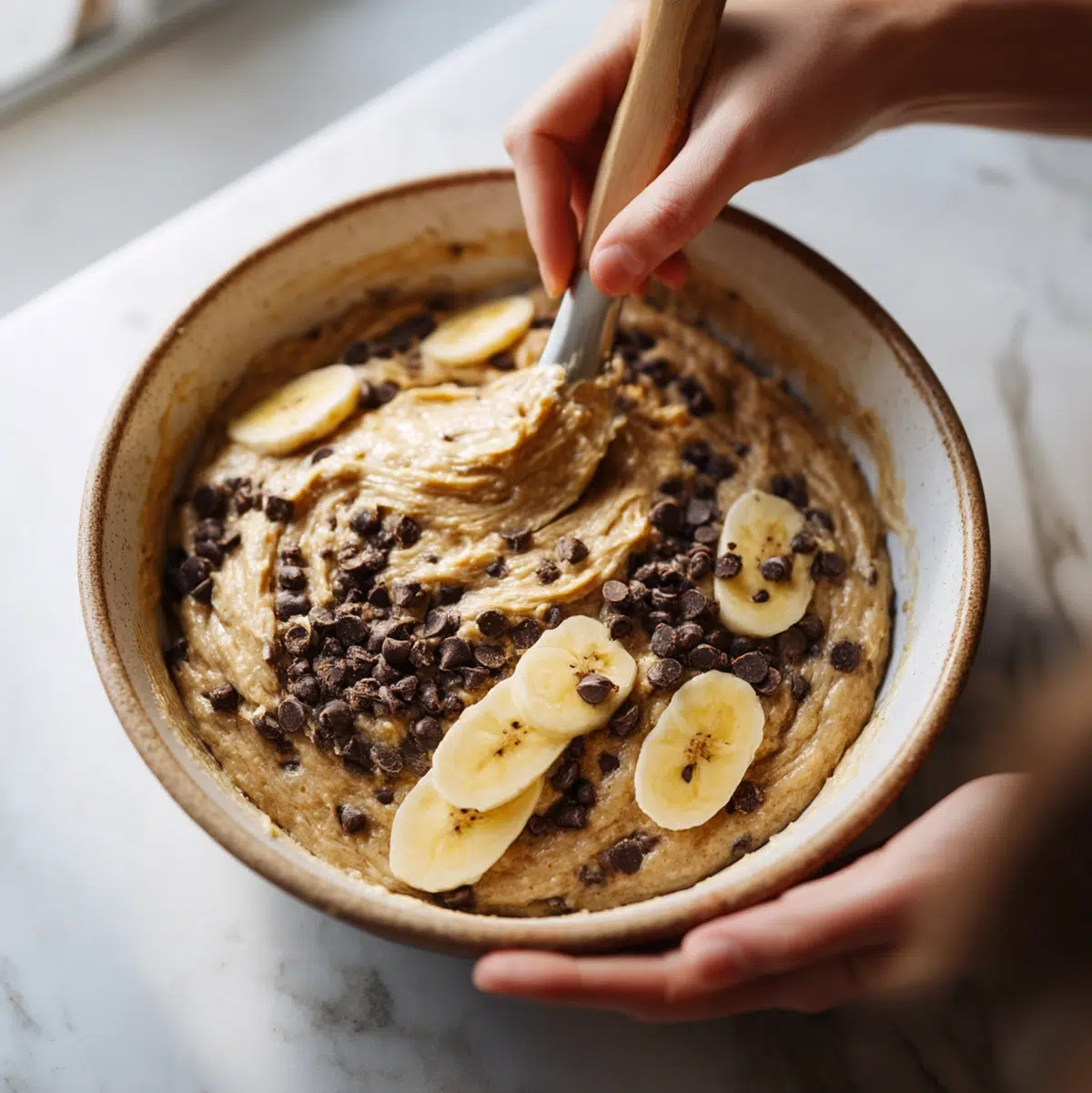hands mashing ripe bananas in a large bowl for gluten free banana chocolate chip bread batter
