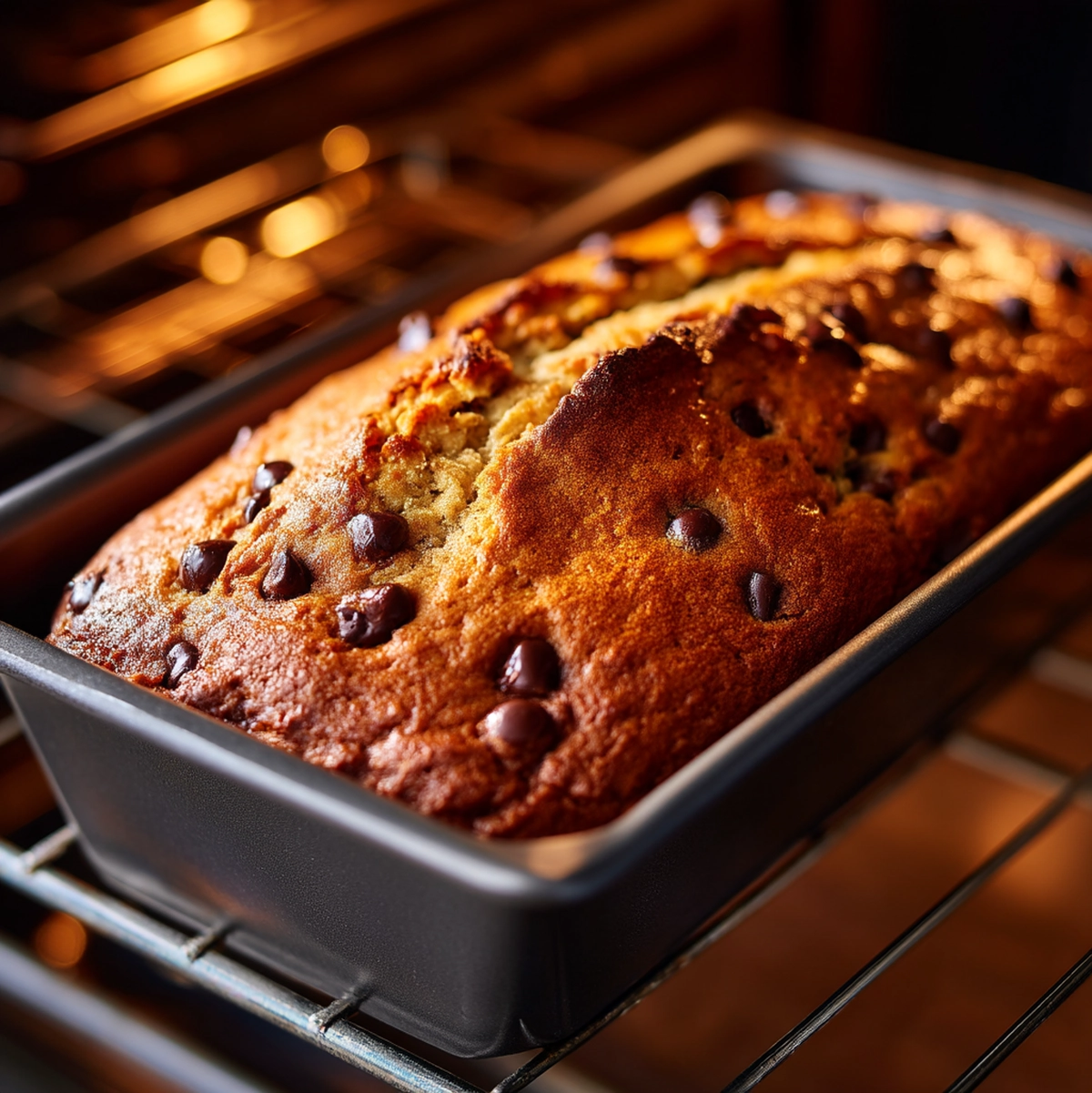 gluten free banana chocolate chip bread loaves baking in oven showing golden top crust transformation