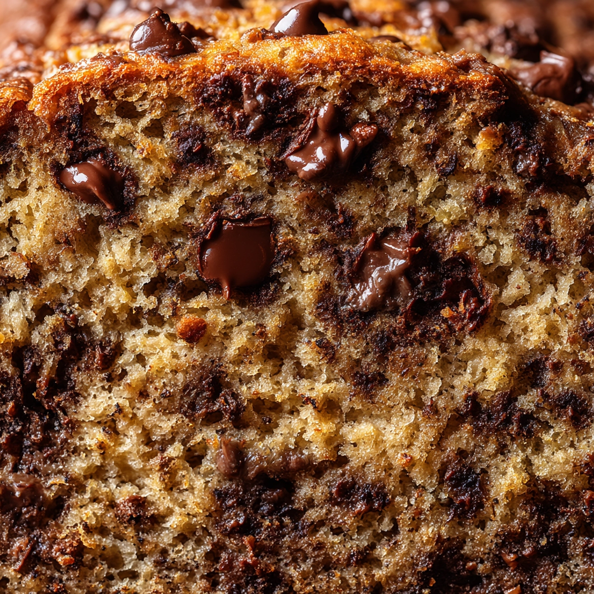 close-up cross section of gluten free banana chocolate chip bread showing moist crumb and melted chocolate chip pockets