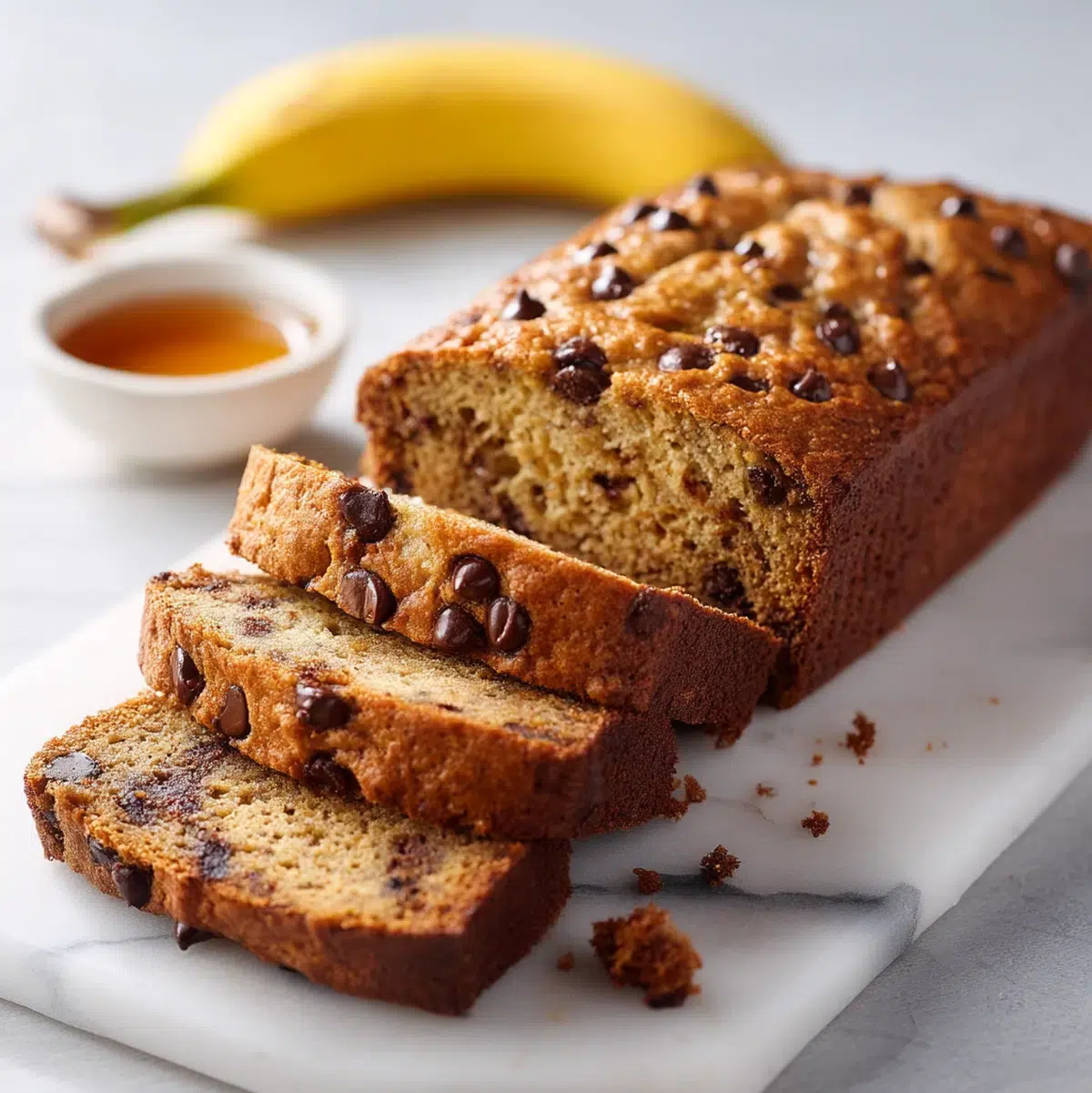 sliced gluten free banana chocolate chip bread served on a wooden board with fresh fruit and coffee