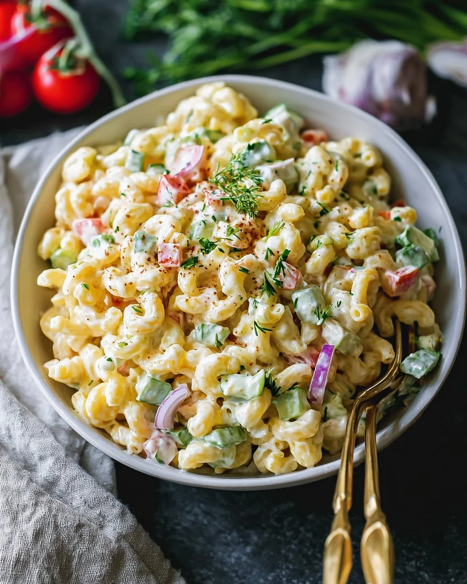 Gordon Ramsay-style macaroni salad with colorful vegetables and creamy dressing