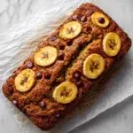 healthy banana chocolate chip bread hero shot 45 degree angle on bright table