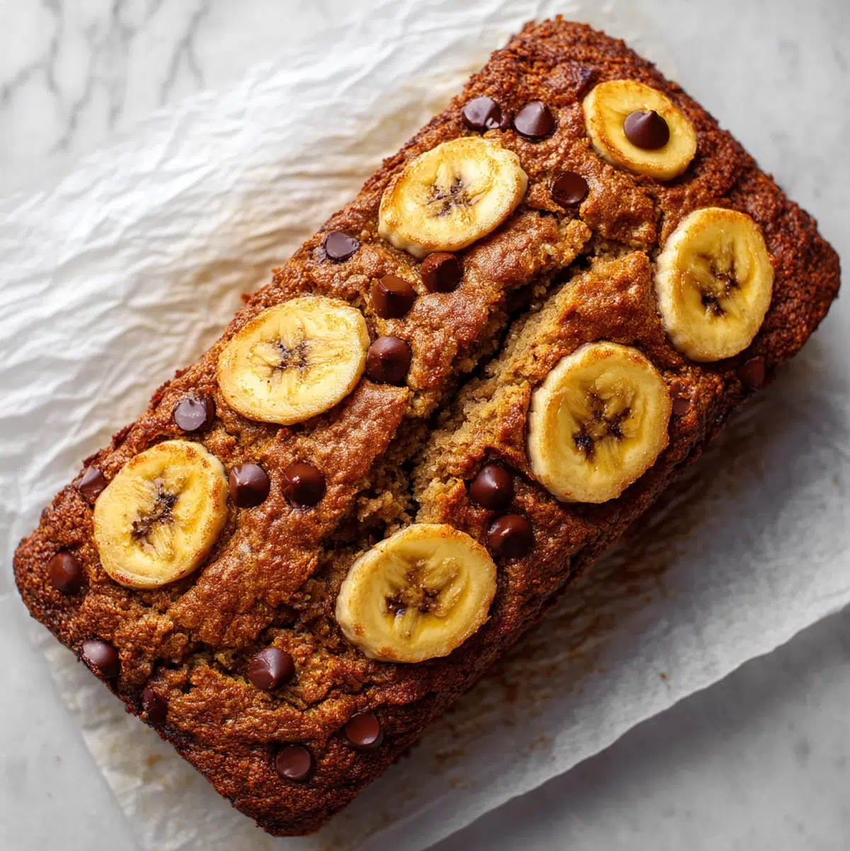 healthy banana chocolate chip bread hero shot 45 degree angle on bright table