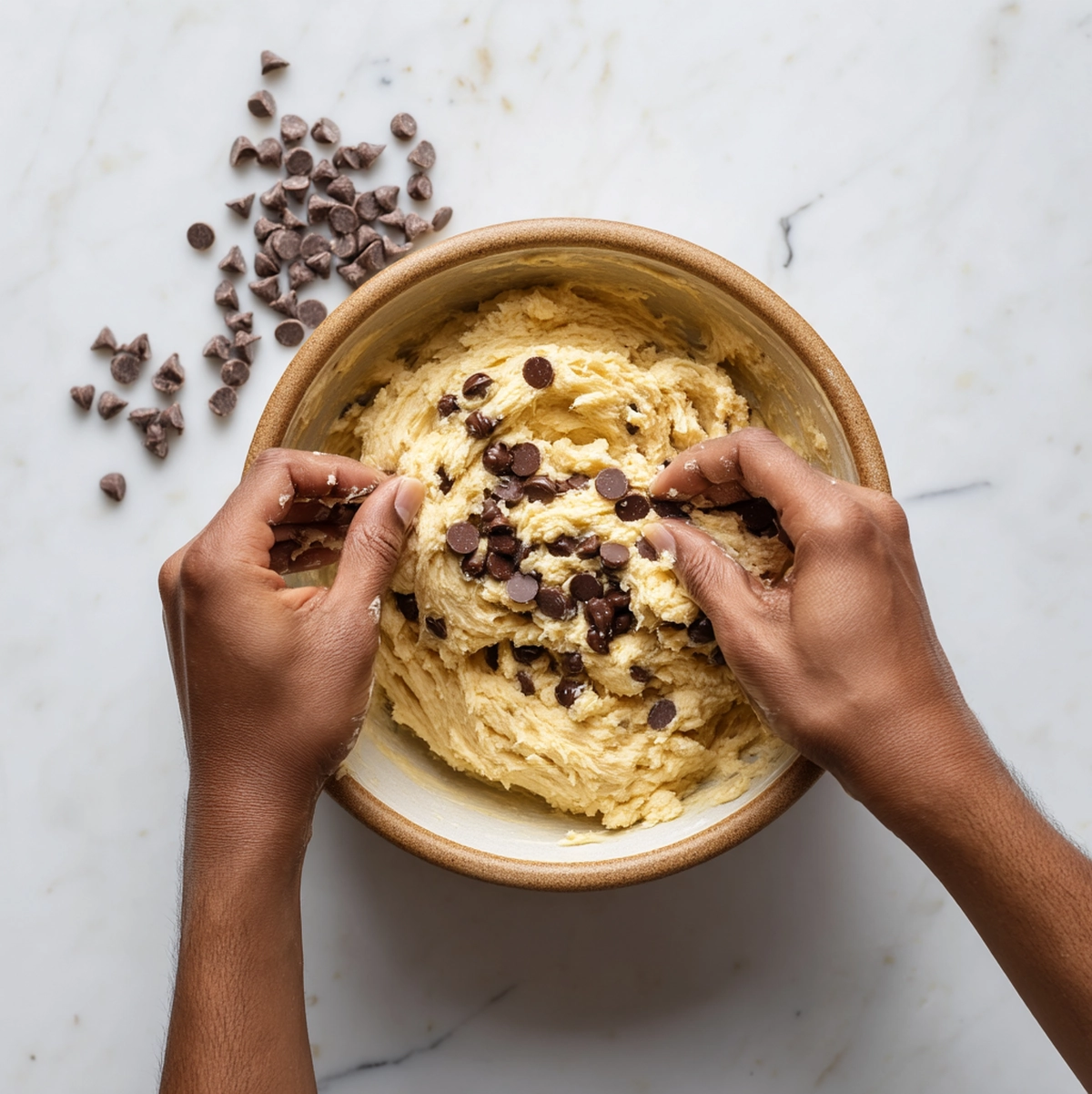 hands mashing ripe bananas with a fork for healthy banana chocolate chip bread batter