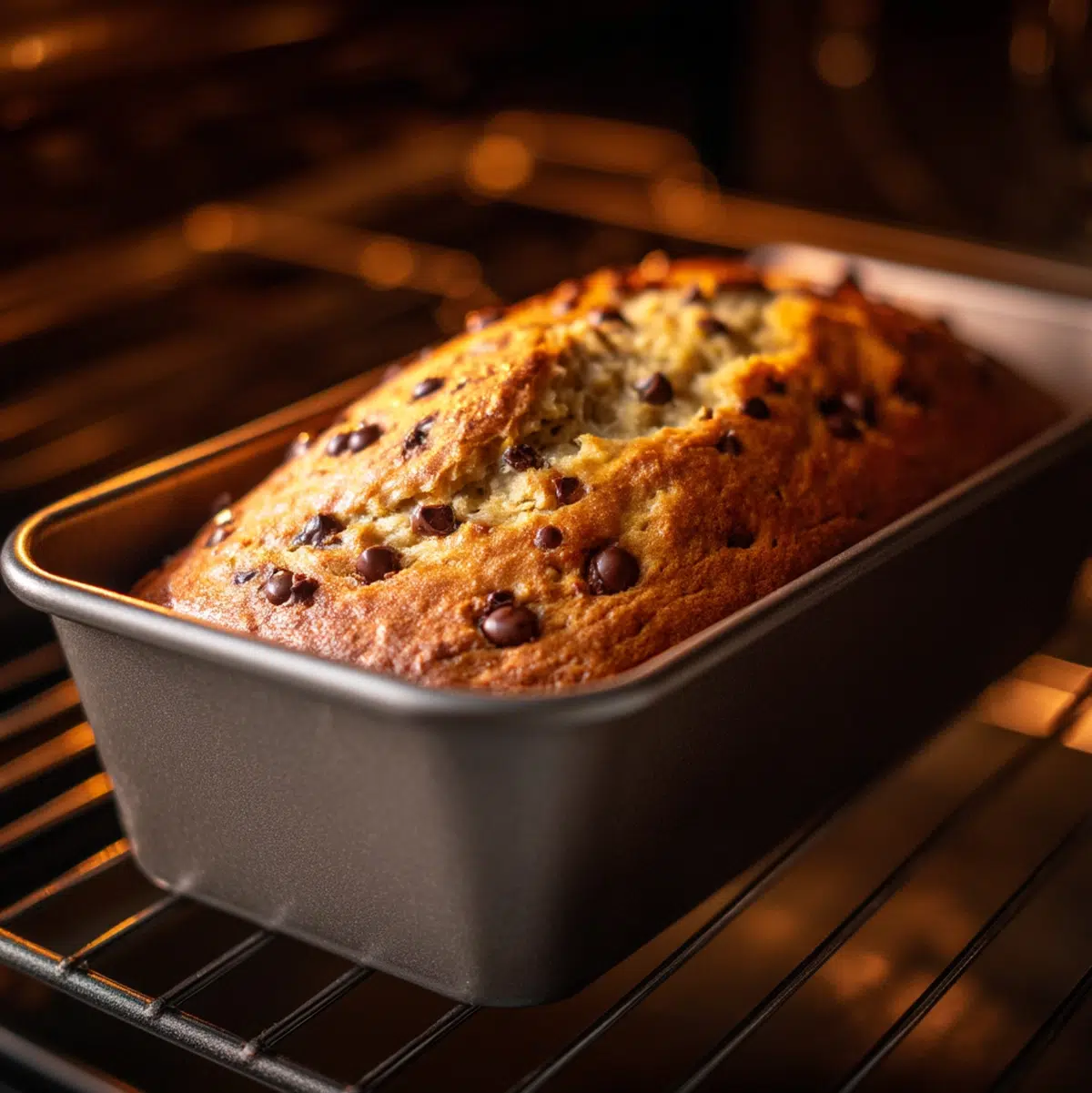 healthy banana chocolate chip bread baking in oven showing golden top crust with chocolate chips