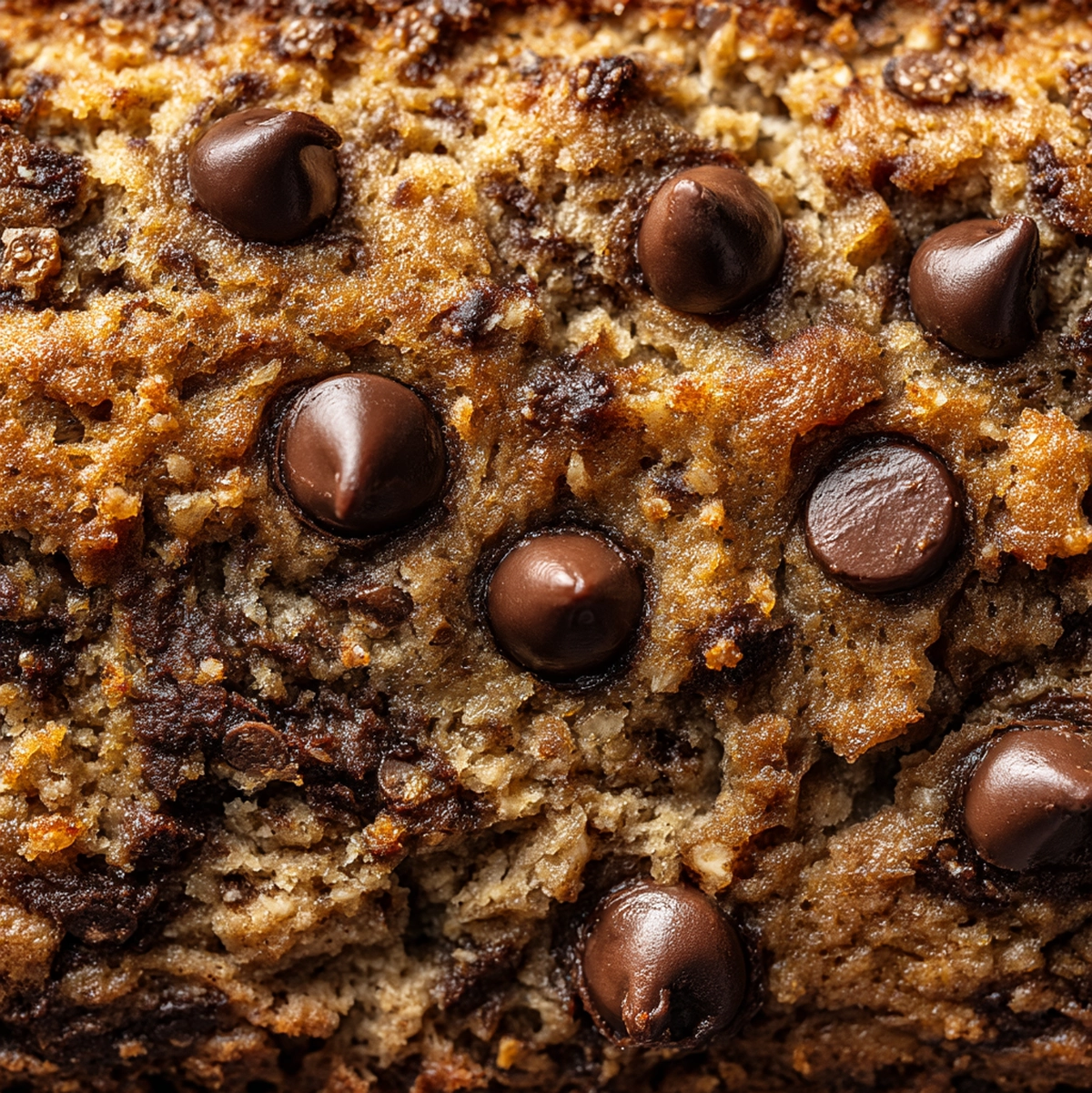 close-up of healthy banana chocolate chip bread crumb texture showing moist interior with melted chocolate chips