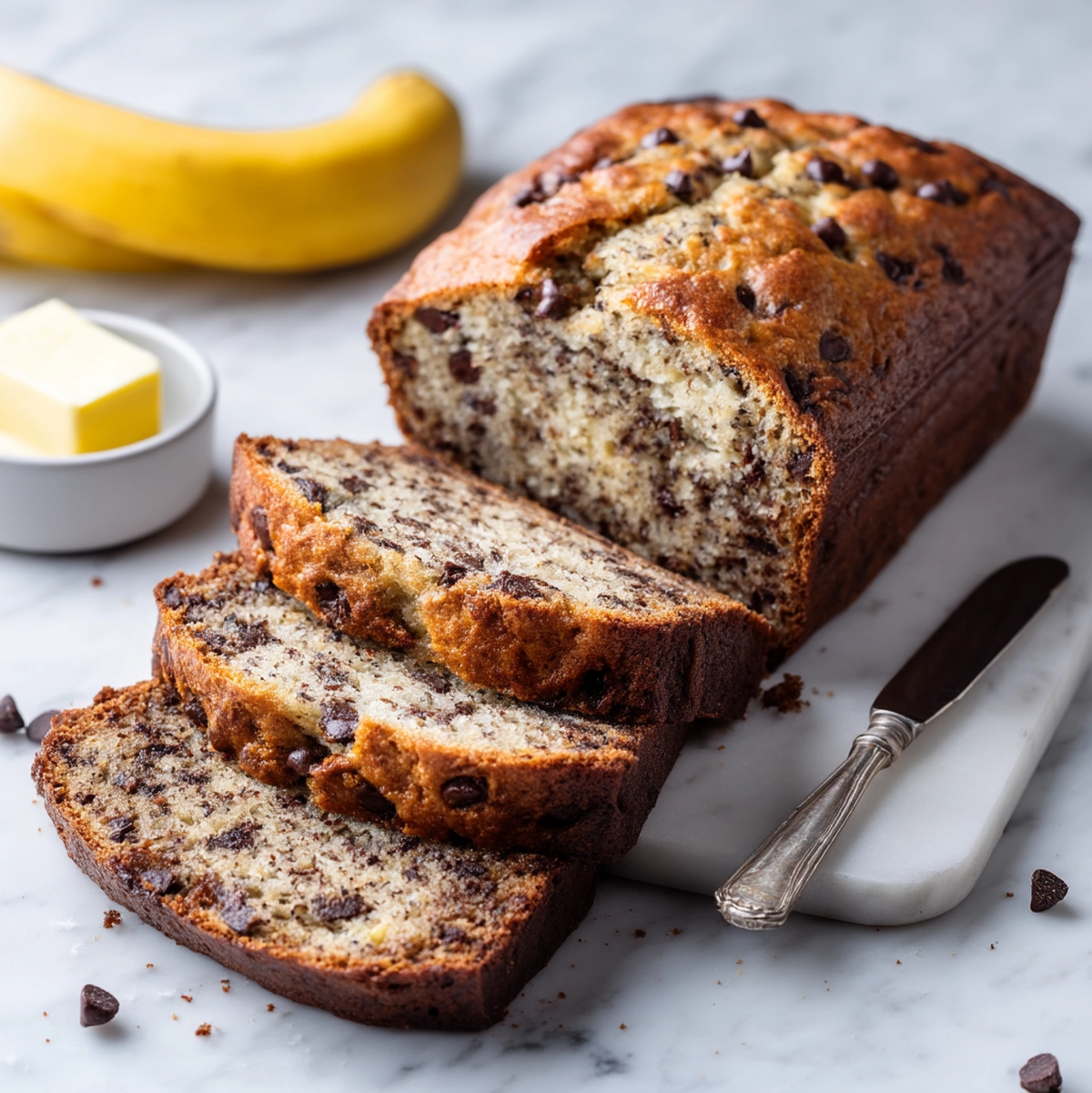 sliced healthy banana chocolate chip bread served on a wooden board with coffee