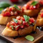 homemade bruschetta recipe hero shot 45 degree angle on bright table