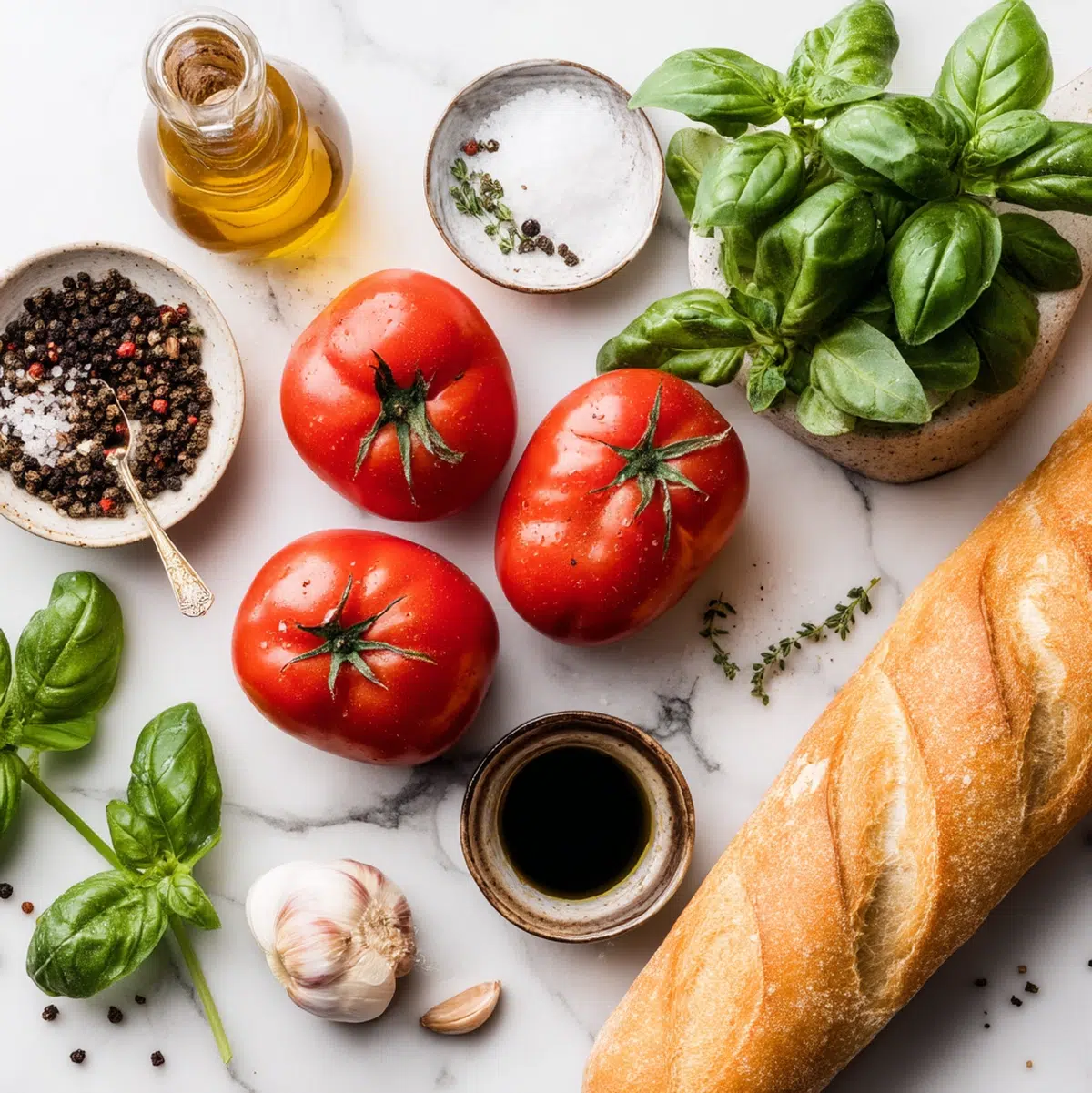 Homemade bruschetta recipe ingredients arranged on a marble cutting board including Roma tomatoes, fresh basil, garlic, olive oil, and a French baguette