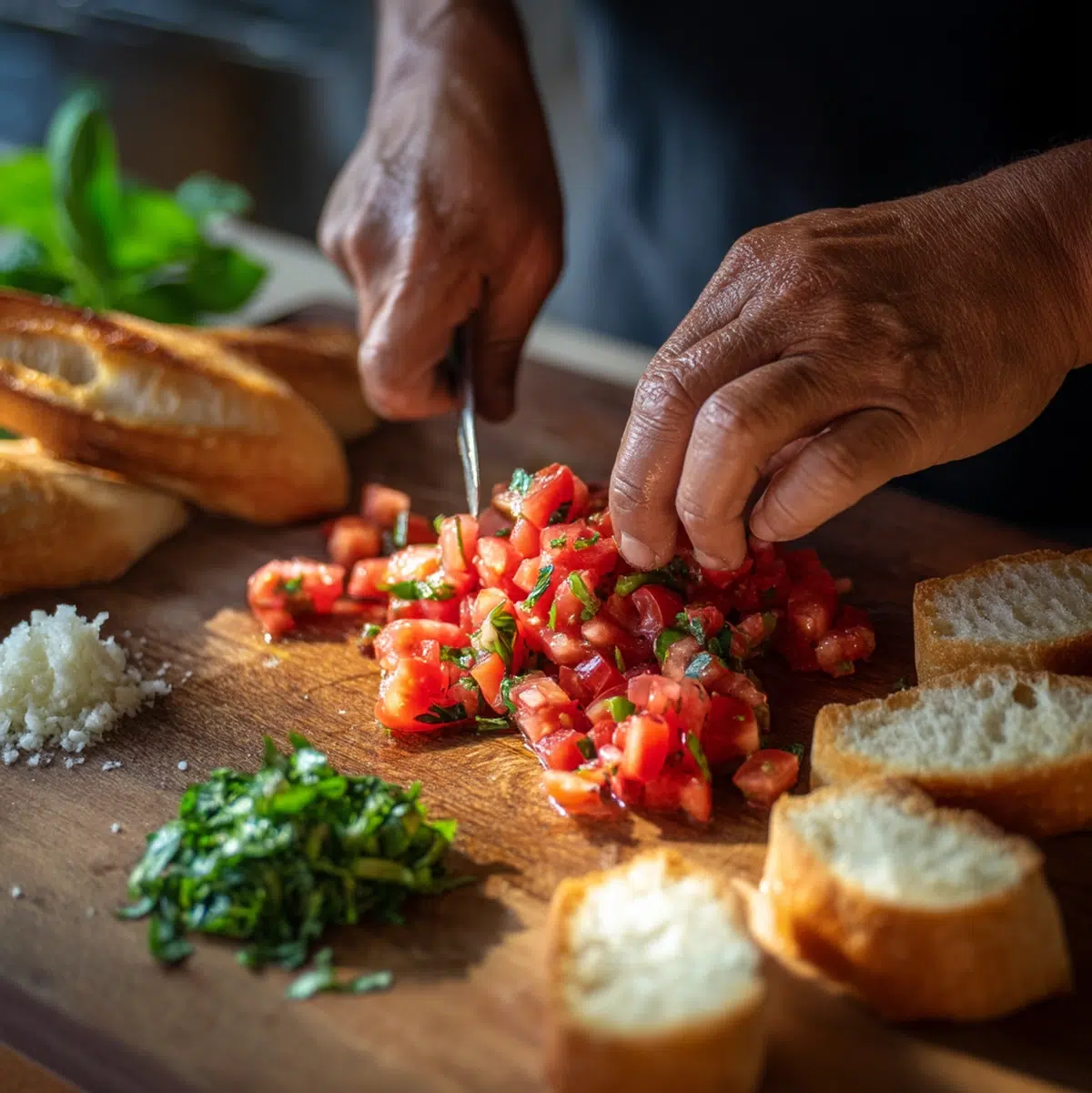 Hands dicing Roma tomatoes on a wooden cutting board with minced garlic and chopped basil nearby for bruschetta topping