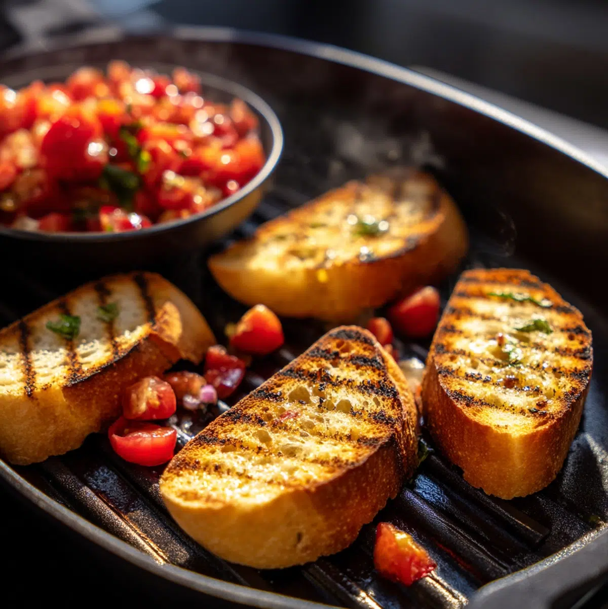 Golden toasted baguette slices on a baking sheet fresh from the oven for homemade bruschetta