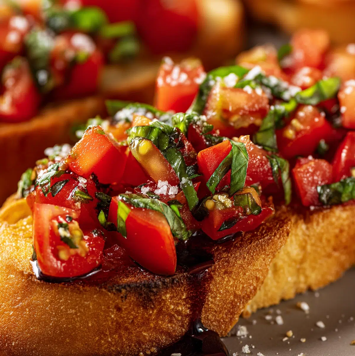 Close-up of bruschetta topping showing diced tomatoes, basil, and glistening olive oil in a glass bowl