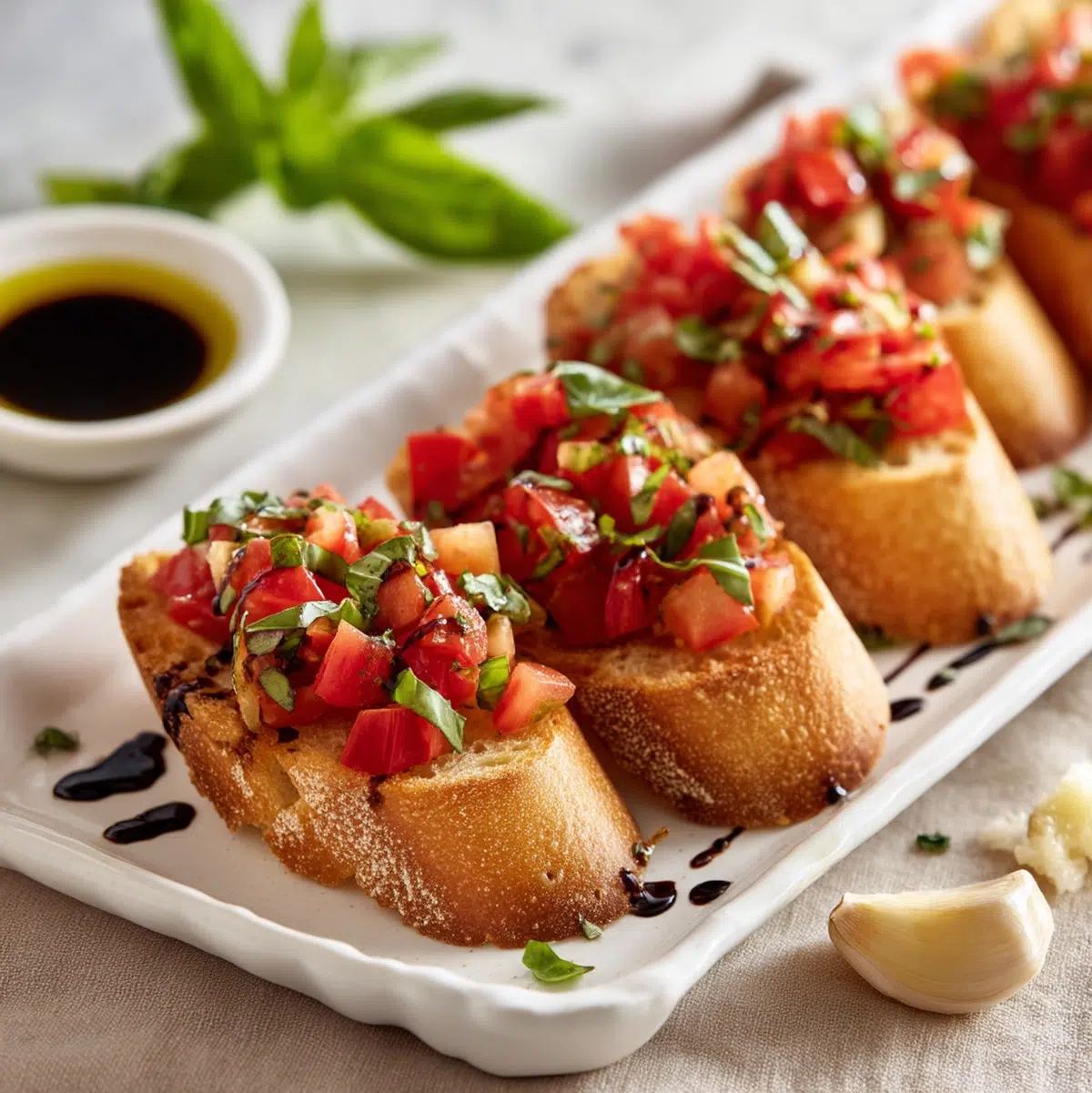 Bruschetta arranged on a serving platter alongside fresh salads on a dinner table - homemade bruschetta recipe