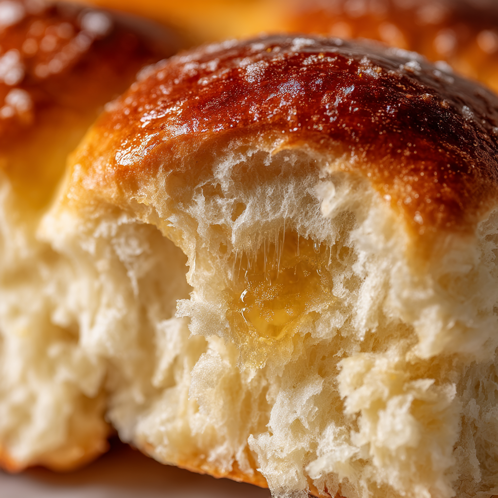 Close-up of a torn homemade dinner roll showing the soft, fluffy interior crumb structure - homemade dinner rolls recipe