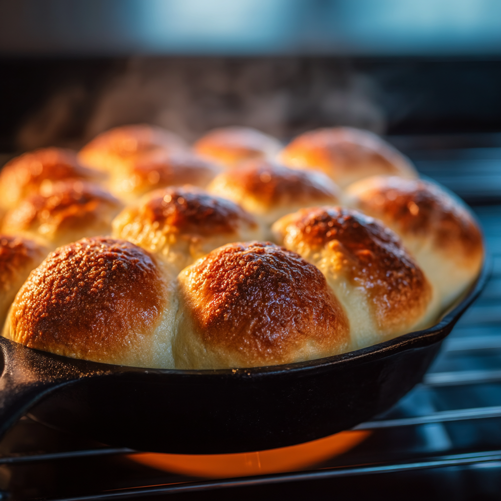 Two pans of homemade dinner rolls baking in oven, turning light amber at 350 degrees - homemade dinner rolls recipe