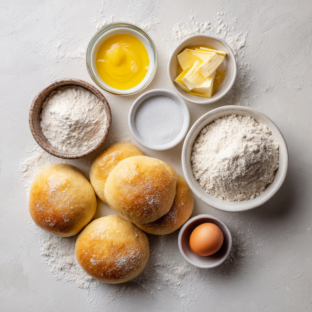 Homemade dinner rolls recipe ingredients flat-lay: flour, butter, eggs, yeast, milk, sugar, and salt on a marble surface
