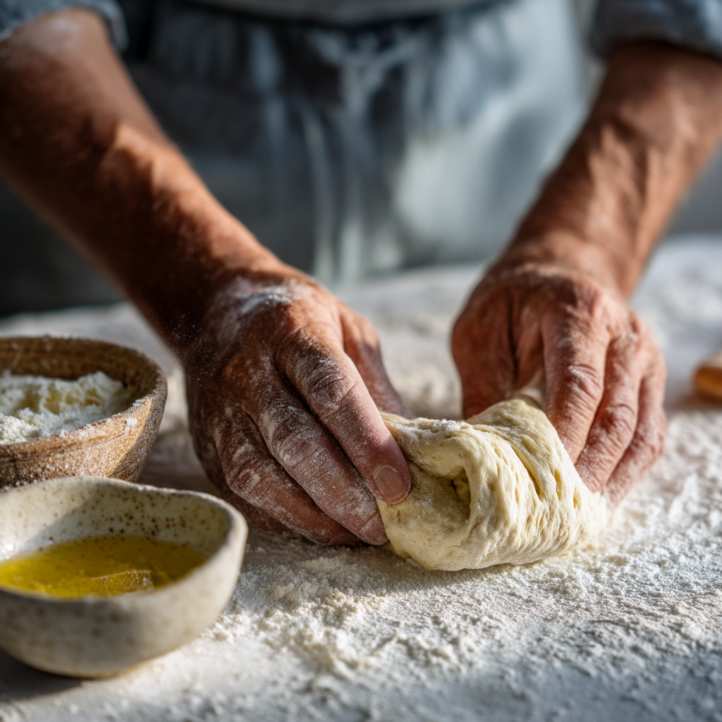 Hands shaping homemade dinner roll dough into smooth rounds on a lightly floured surface - homemade dinner rolls recipe