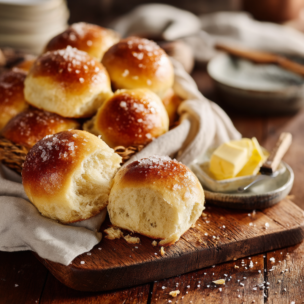 Basket of homemade dinner rolls served on a table alongside soup and butter - homemade dinner rolls recipe