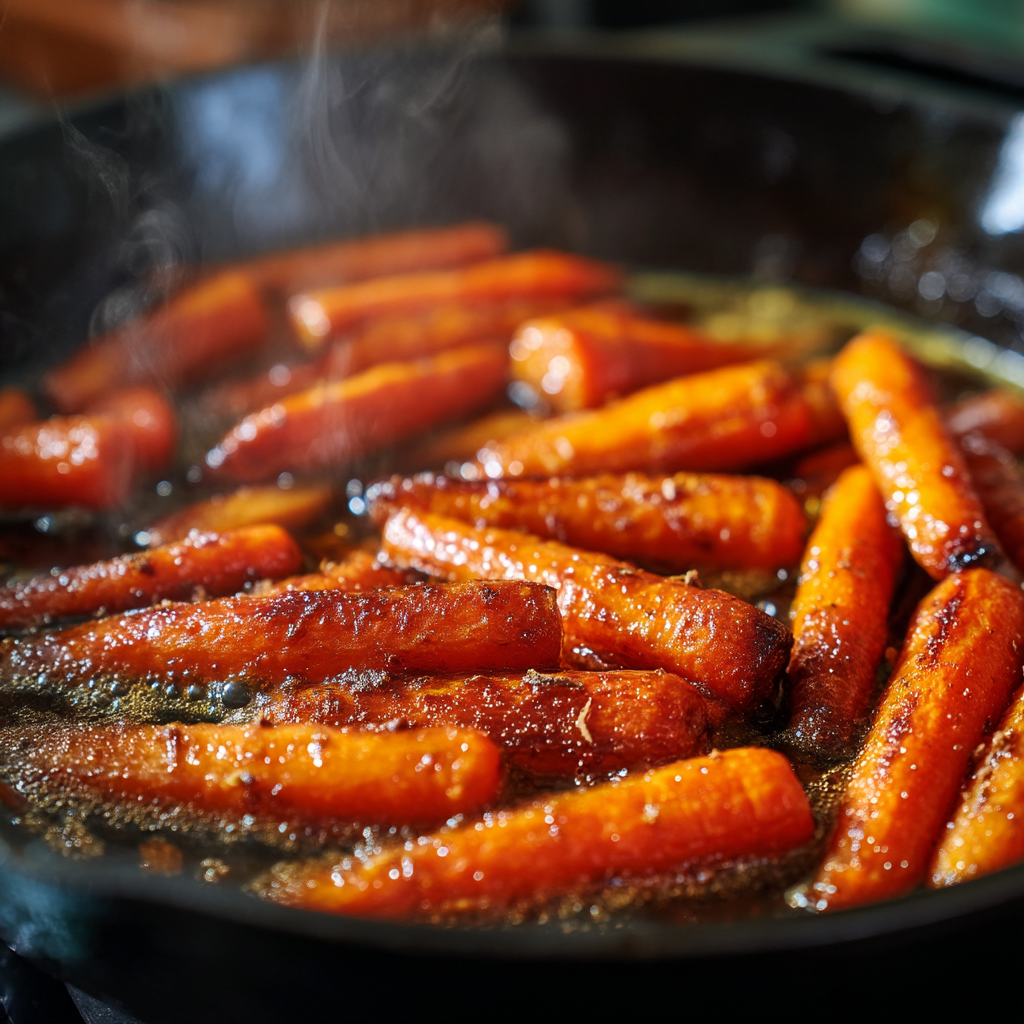 Honey glazed carrots cooking in a skillet showing the glaze thickening and browning around the carrot edges