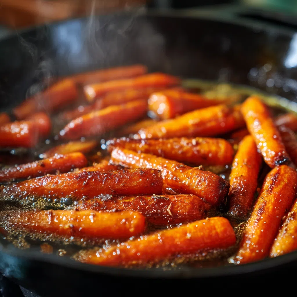 Honey Glazed Carrots Recipe (Chef-Tested, 5 Simple Steps) 14 Honey glazed carrots cooking in a skillet showing the glaze thickening and browning around the carrot edges